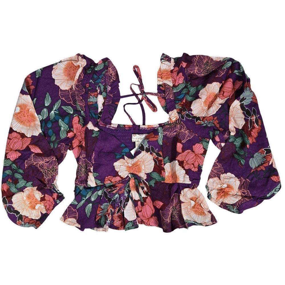 Band of the Free Purple‎ Ivory Floral Smocked Peplum Blouse Top Womens Size S